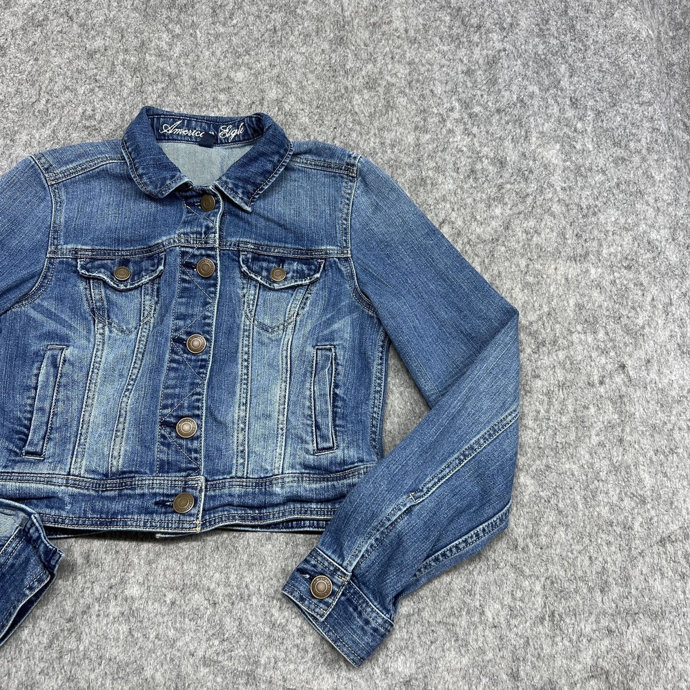 American Eagle Jacket Womens S Blue Denim Cropped Trucker Button Casual Outdoor - Picture 5 of 14